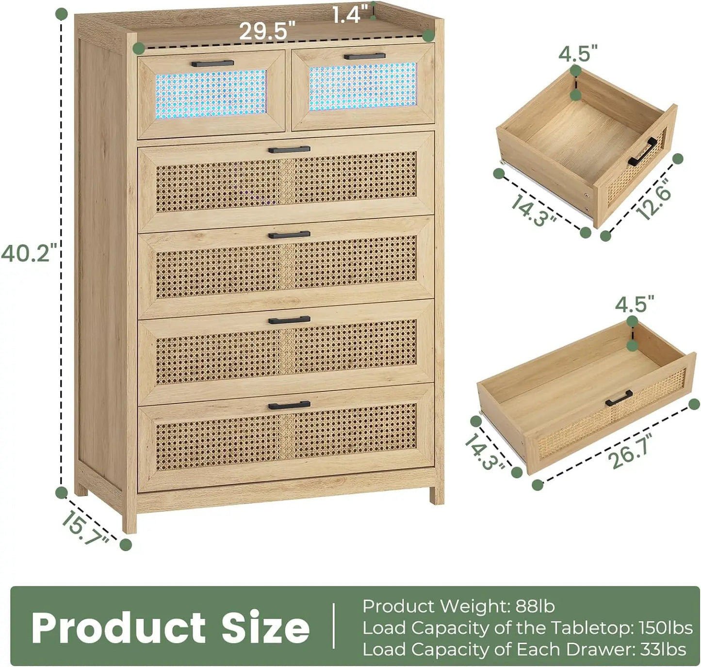 Bedroom, Rattan Wood Dressers with Led Light, Tall Dressers & Chests of Drawers, for Bedroom, Entryway