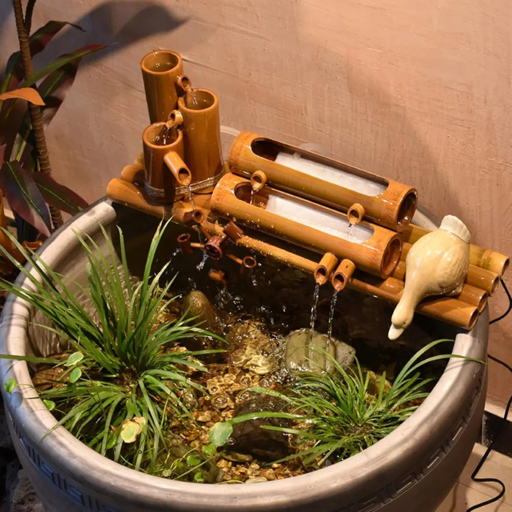 Bamboo Fountain Kit with Water Pump and Solar Fountain, Water Wheel, Feng Shui Zen, 12 Inch