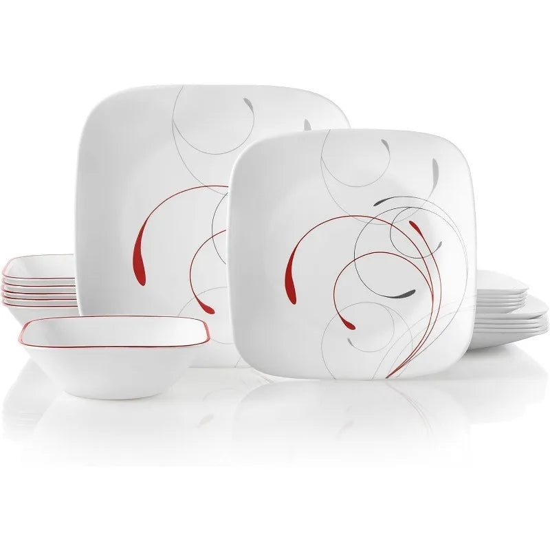 Dinnerware Set, Triple Layer Glass and Chip Resistant, Lightweight Square Plates and Bowls Set,