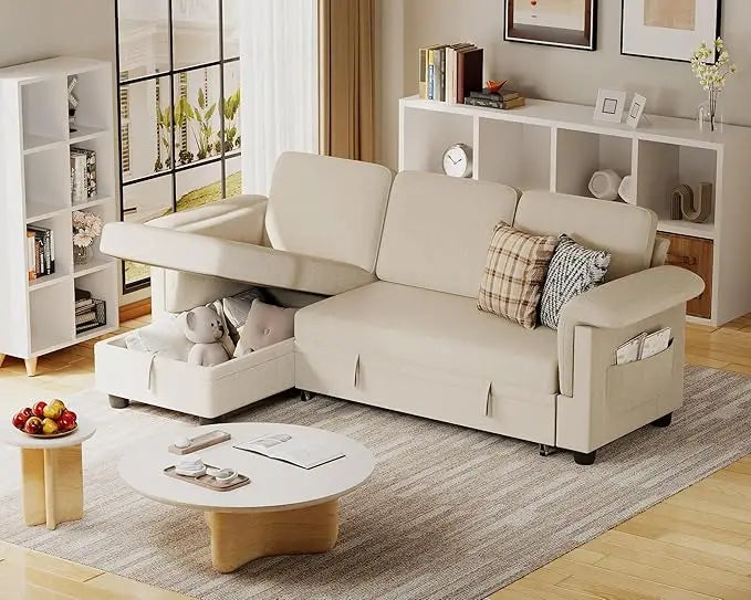 Sleeper Sofa L-Shaped Pull Out Sofa Bed with Storage Space Convertible Sectional Couches for Living Room/Bedroom/Office/