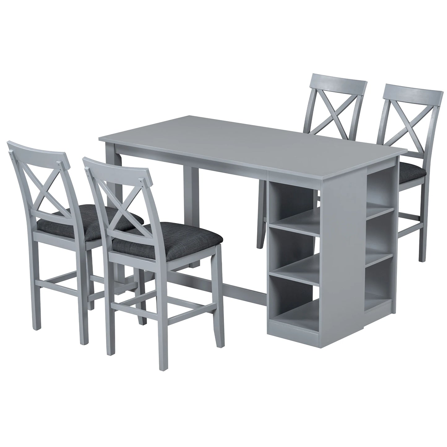 Wood Farmhouse Counter Height Dining Table Set with 3-Tier Storage Shelves,