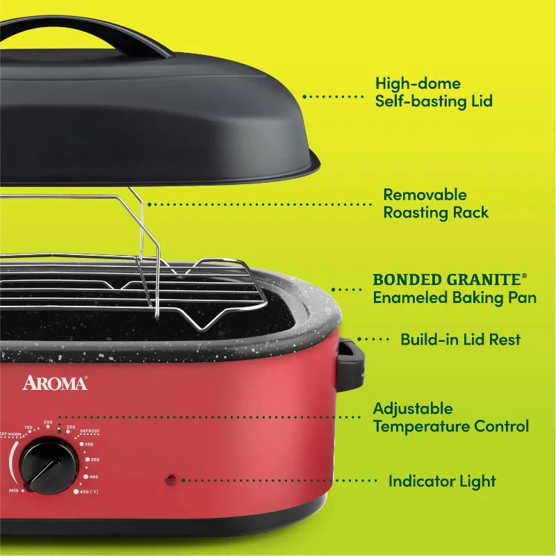 Aroma® 18Qt. Electric Roaster Oven with High Dome Lid, 8X Bonded Granite Enamel, New-Red (ART-718RH)