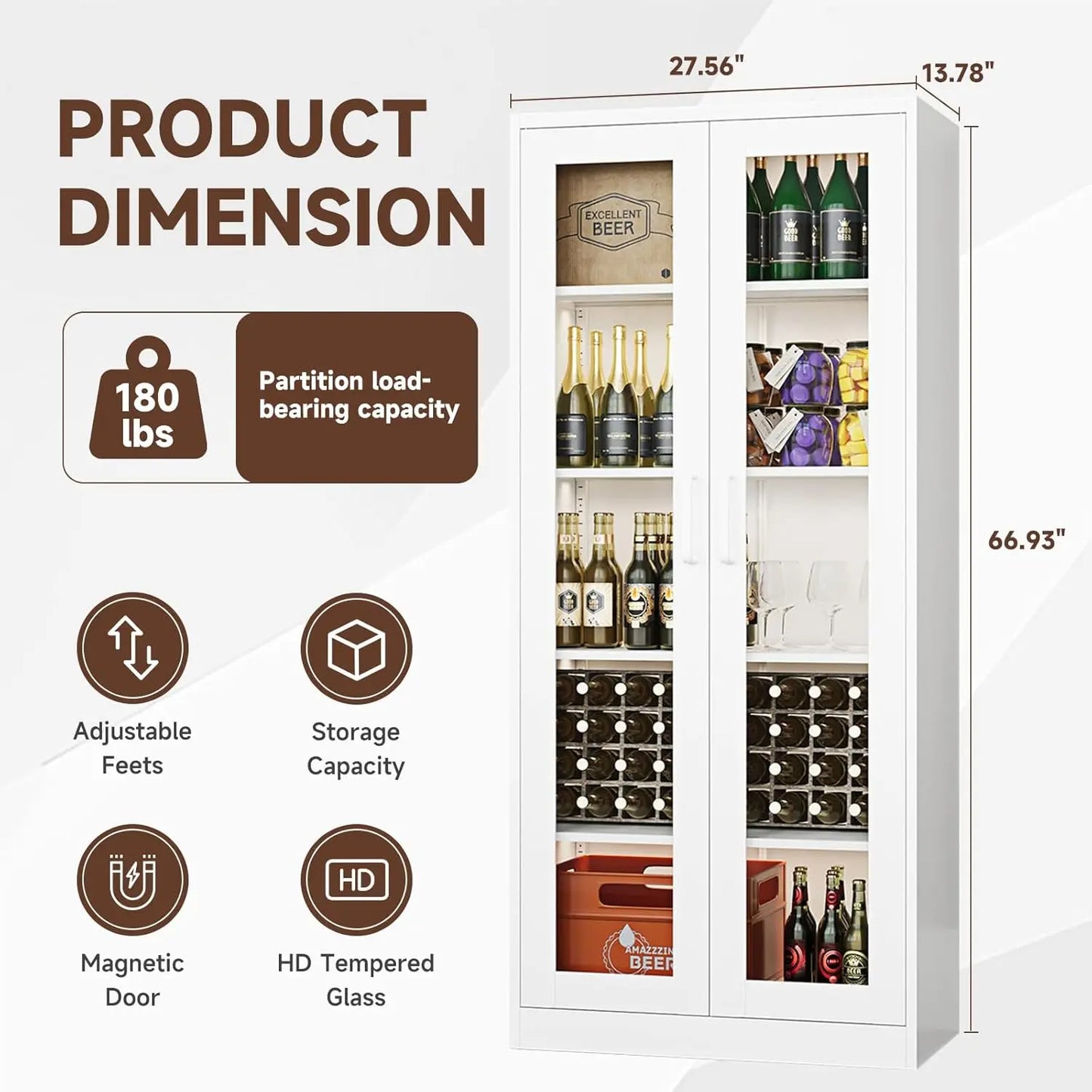 Display Cabinet with Glass Doors,67-inch Curio Cabinets with 4 Adjustable Shelves, Tempered Glass Cabinet