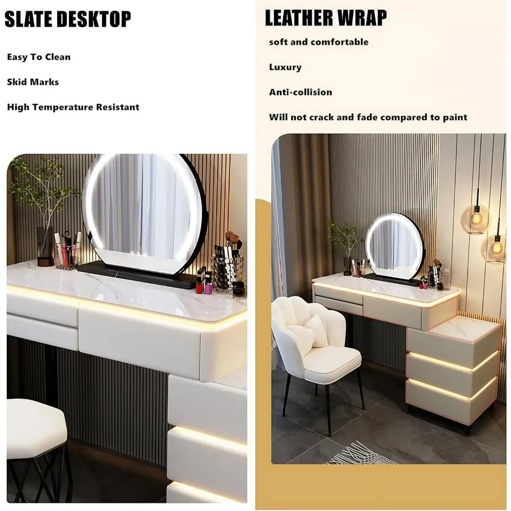 Vanity - Makeup Vanity Table with Drawers and LED Lights - Includes Chair and Smart Makeup Mirror, Solid Wood Vanity for Bedroom