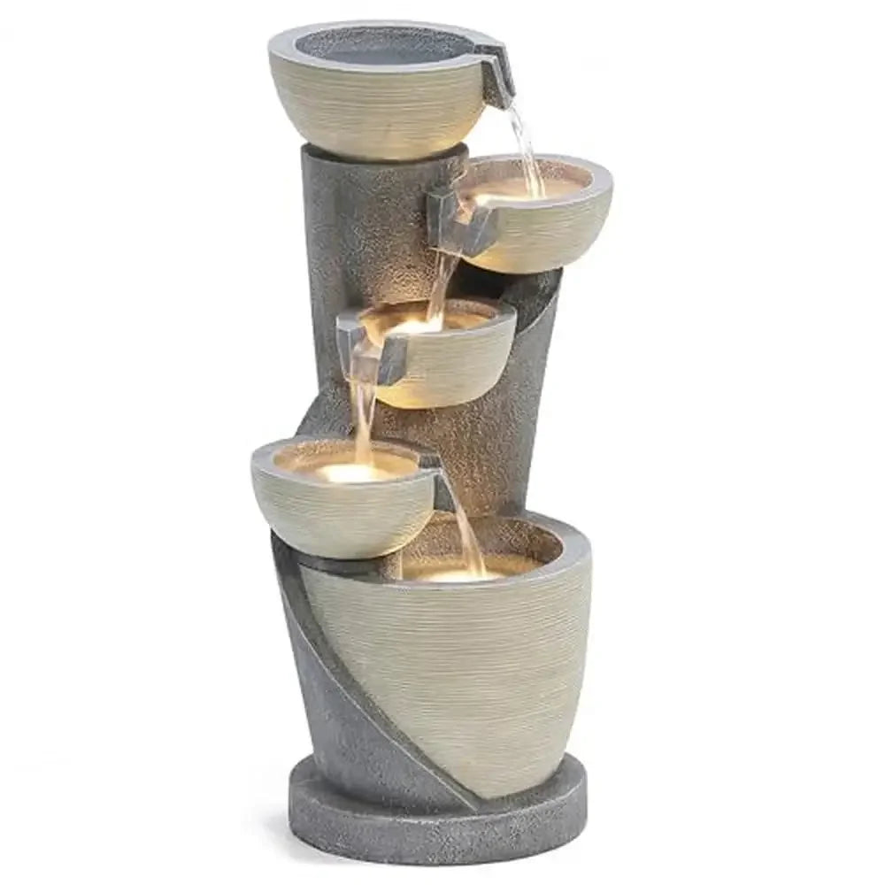 Modern Outdoor Water Fountain with LED Lights Durable Polyresin Garden Decor