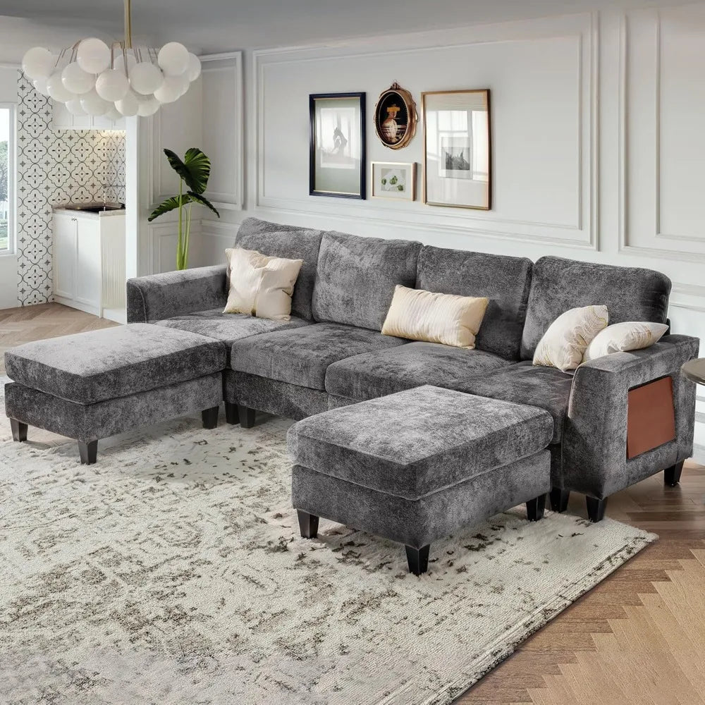 118" U Shaped Sectional Couches,4 Seat Modular Sofa with 2 Ottoman and Foldable Side Table for Living Room,Grey