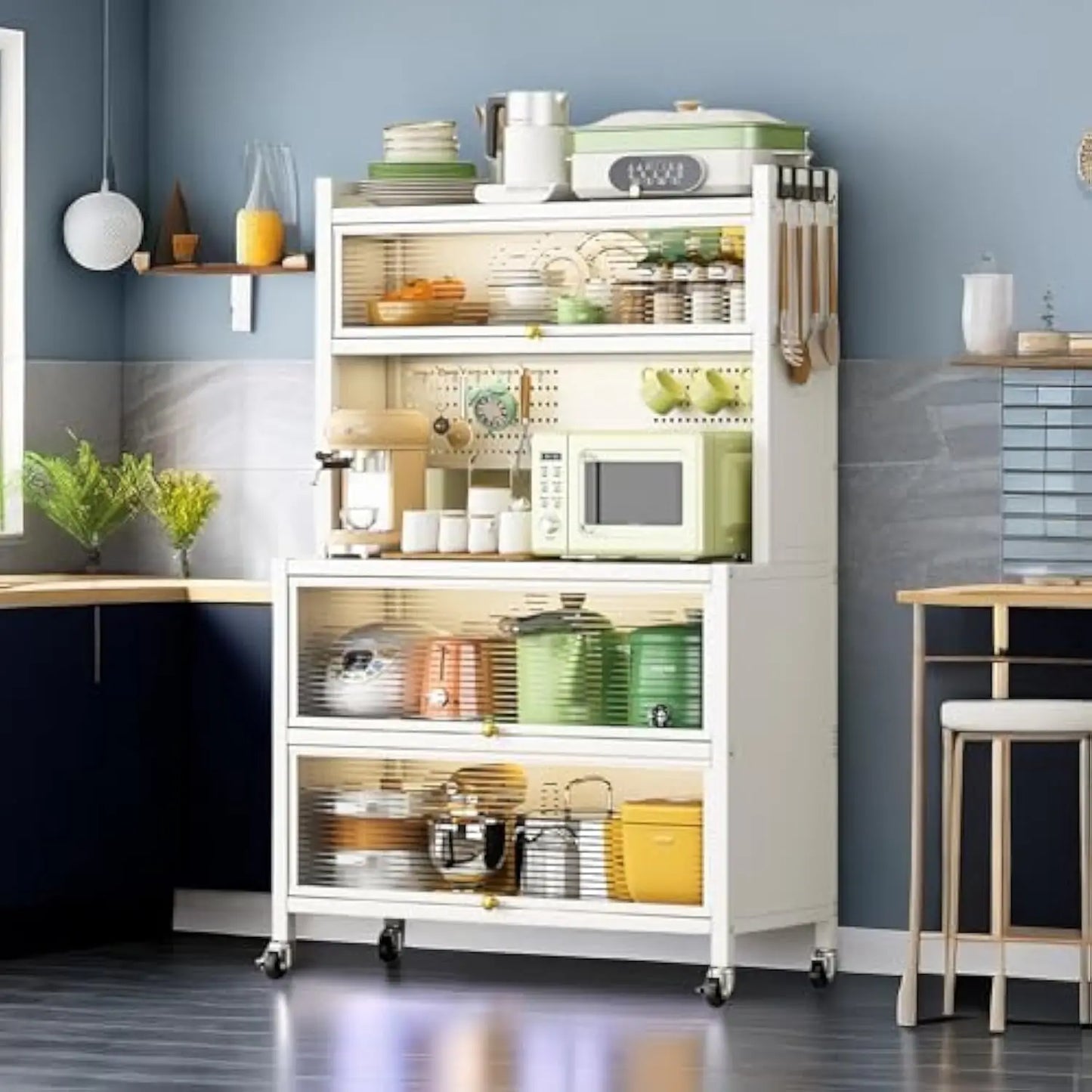" Metal Kitchen Storage Cabinets with 10 Hooks Microwave Stand with Storagee