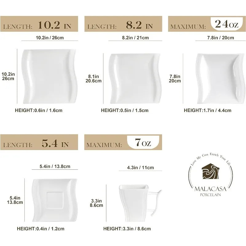 Porcelain Dinnerware Sets, Modern Square Dinner Set Plates and Bowls for Dessert, Salad and Pasta,