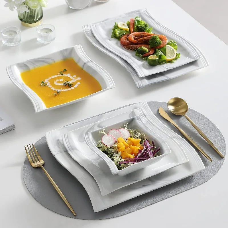 Porcelain Dinnerware Sets, Modern Square Dinner Set Plates and Bowls for Dessert, Salad and Pasta,
