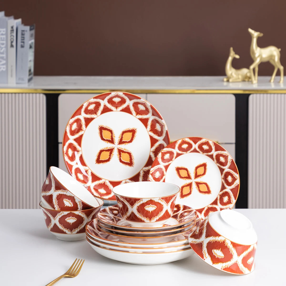 12 Pieces Porcelain Dinnerware Set Full Set Red Flame Pattern Ceramics Tableware with Bowl & Soup