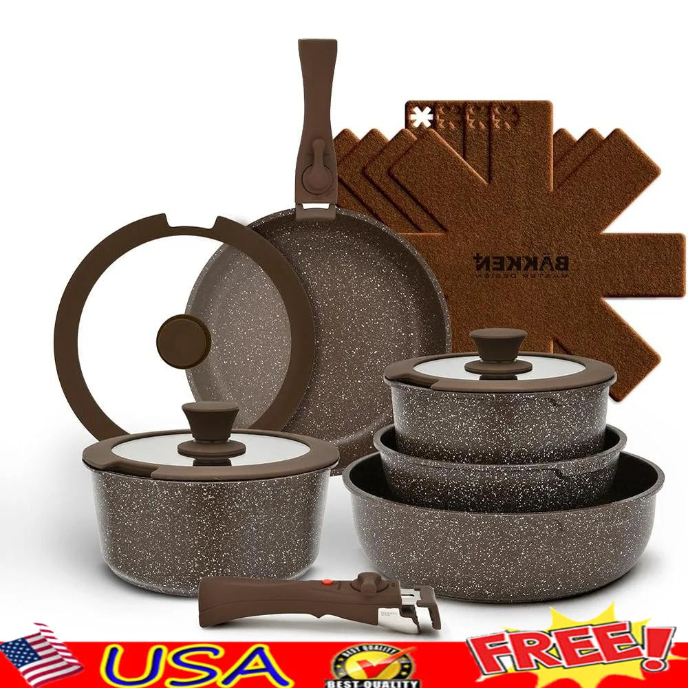 Kitchen Cookware Set Nonstick Pots Pans with Cool Touch Handles Dishwasher Safe Granite Coating Baking Cooking