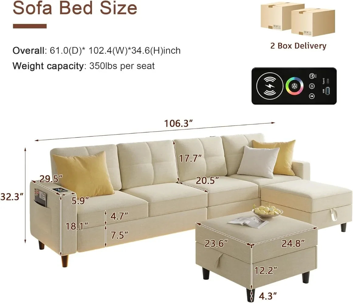 LED Sectional Couches for Living Room, Modular Sectional Sofa Set with Storage