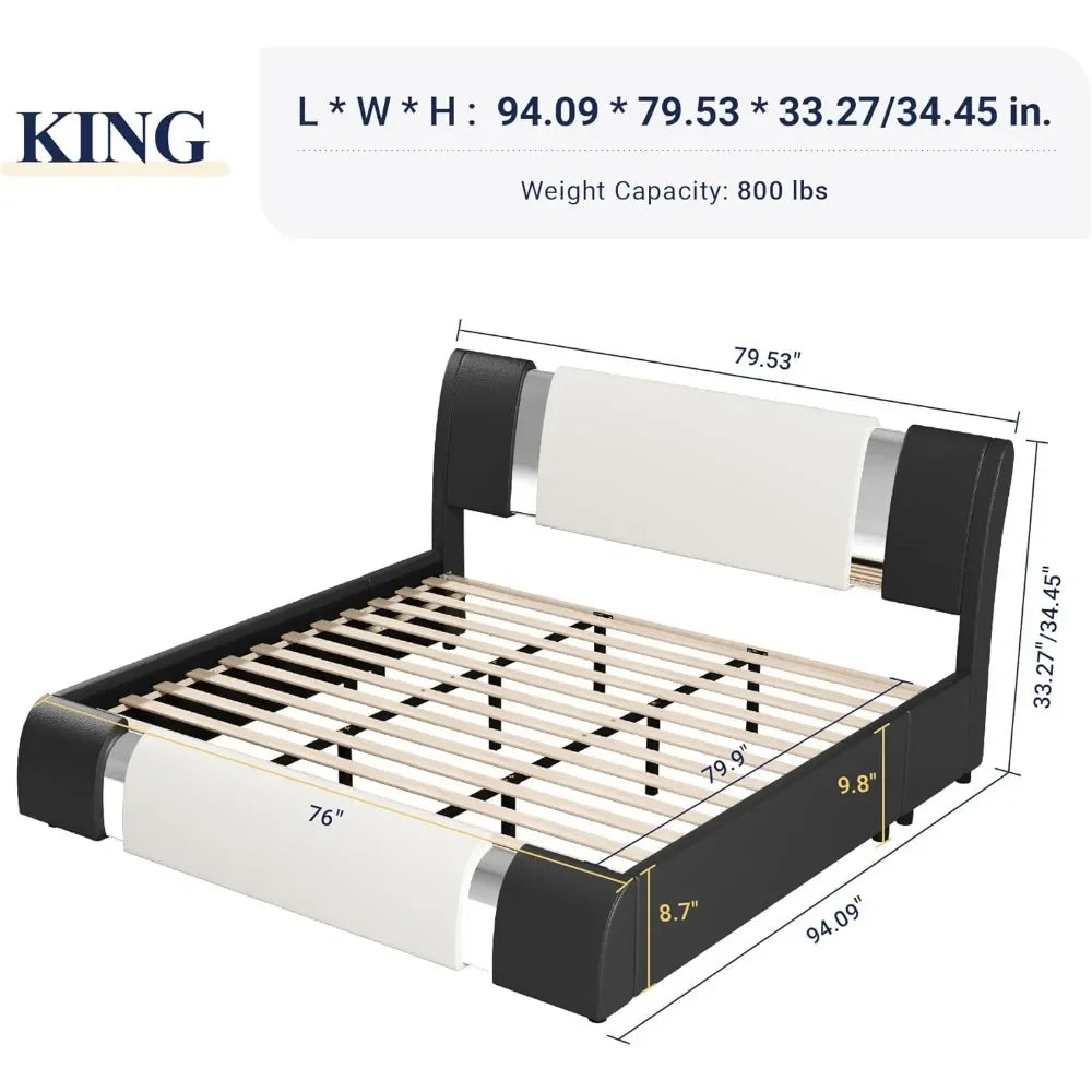 Queen Bed Frame with Iron Piece Decor, Faux Leather Upholstered Platform Bed with Adjustable Headboard & Strong Wooden Slats