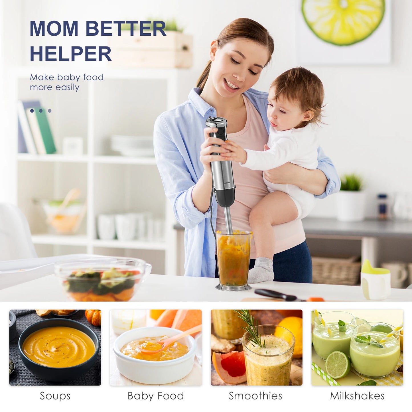 Hand Blender 1000W, Reemix 5-in-1 Electric Stick Blender, Copper Motor Stainless Steel Blade Stick