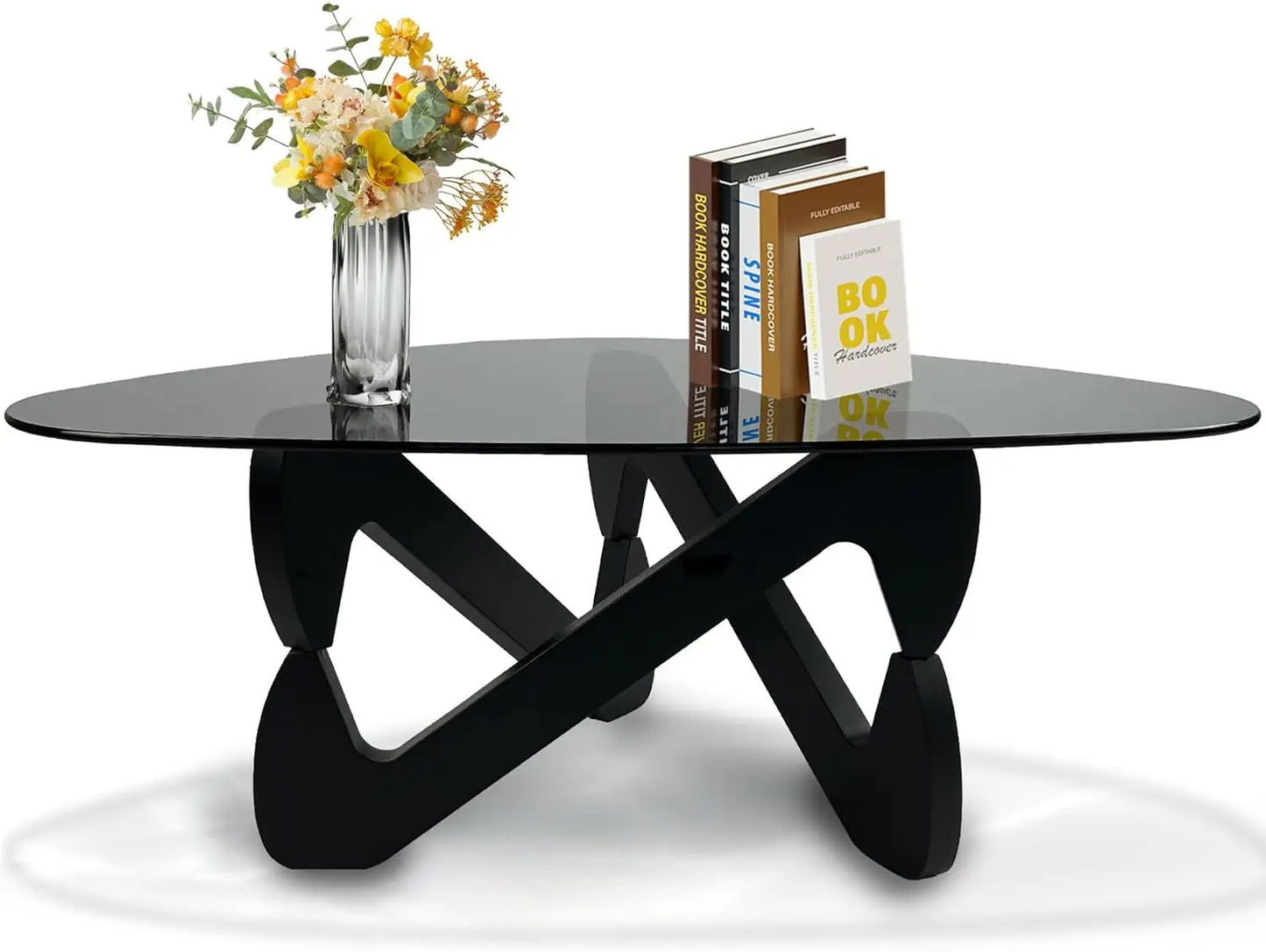 Triangle Coffee Table Glass Coffee Table for Living Room Mid Century Modern Coffee Table with Walnut Base Minimalist Living Room