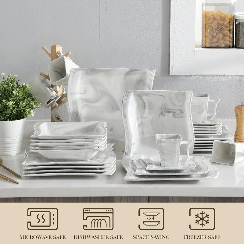 Porcelain Dinnerware Sets, Modern Square Dinner Set Plates and Bowls for Dessert, Salad and Pasta,