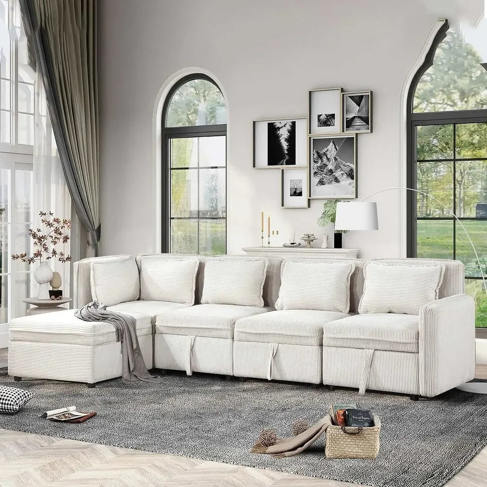 Modular Corduroy Sectional, Convertible L Shaped Storage, 5 Seat Sofa Couch for Living Room, Beige