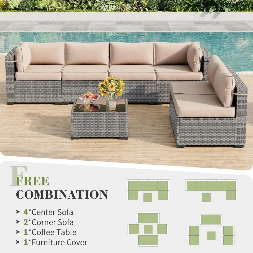Patio Furniture Set,Outdoor Patio Furniture Wicker Couch Set,7Pieces Outdoor Sectional Sofa with Patio Furniture Cover
