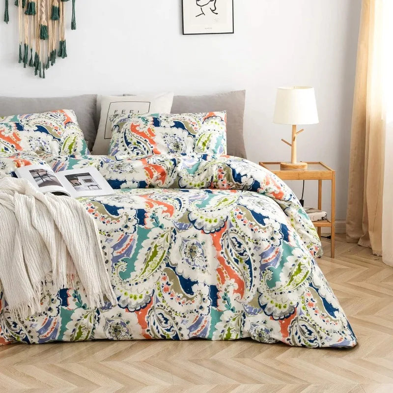 Boho Paisley Duvet Cover Set 100% Cotton King Size Bedding 3 Pieces Set 1 with Zipper Ties 2 Pillowcases