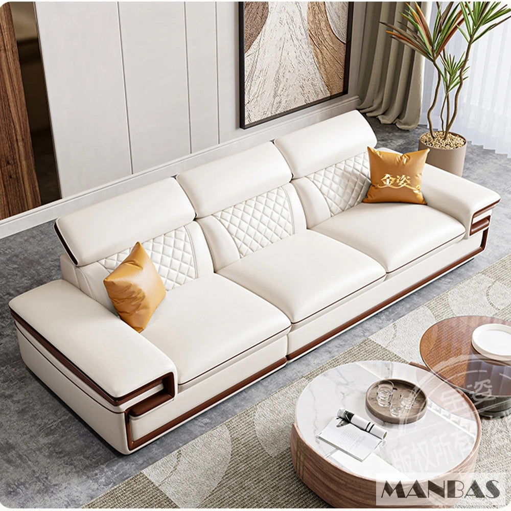 MINGDIBAO Premium Italian Genuine Leather Sofa Set for Living Room with Adjustable Headrests