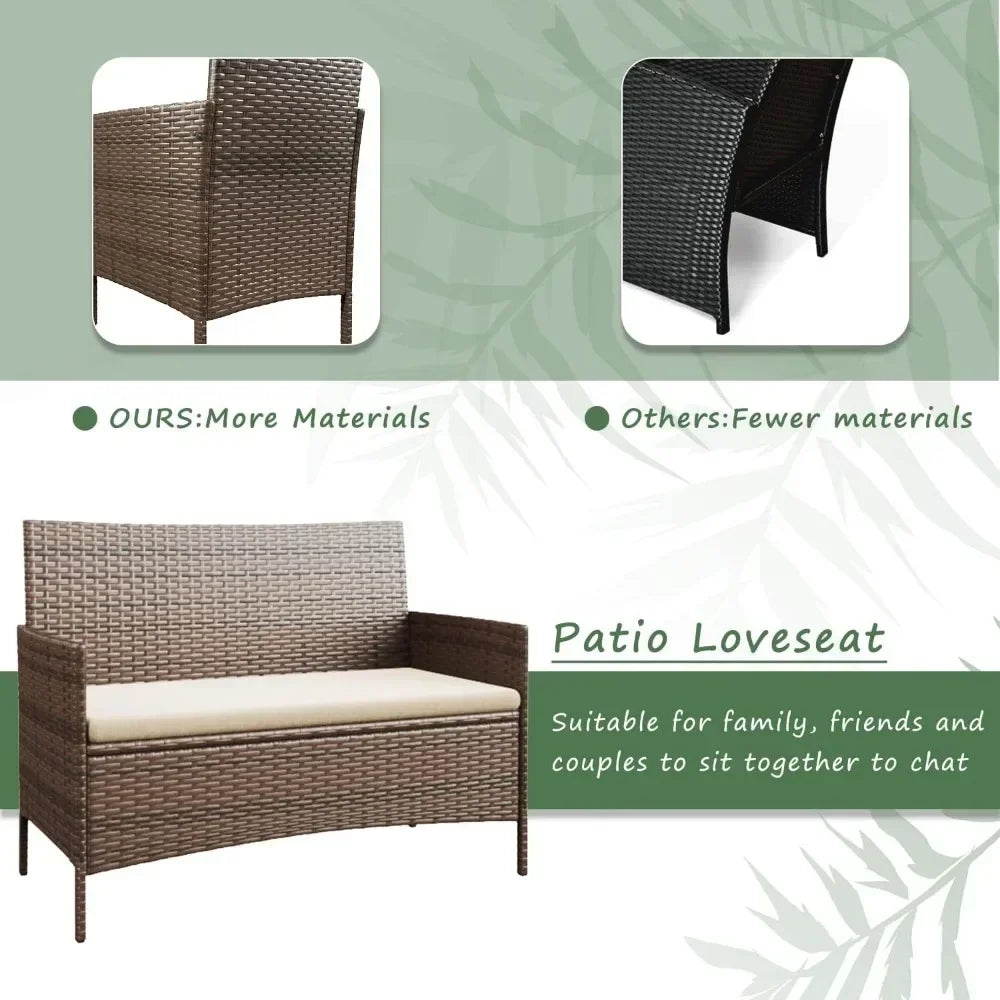 Outdoor Sofa Set of 4 with Soft Cushion and Glass Table, Patio Furniture