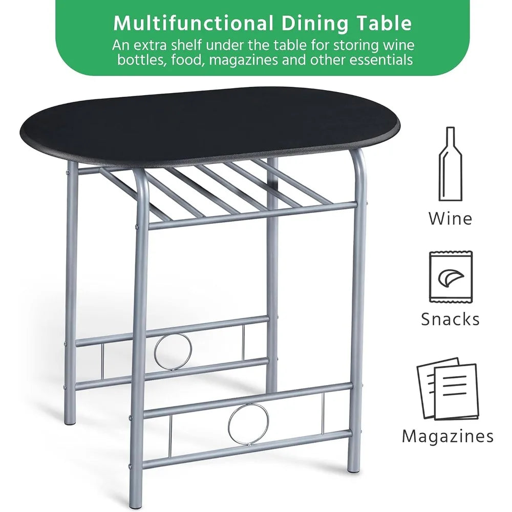 Table Set, Kitchen Table & Chair Sets for 2, Compact Table Set w/Steel Legs, Built-in Rack for Breakfast