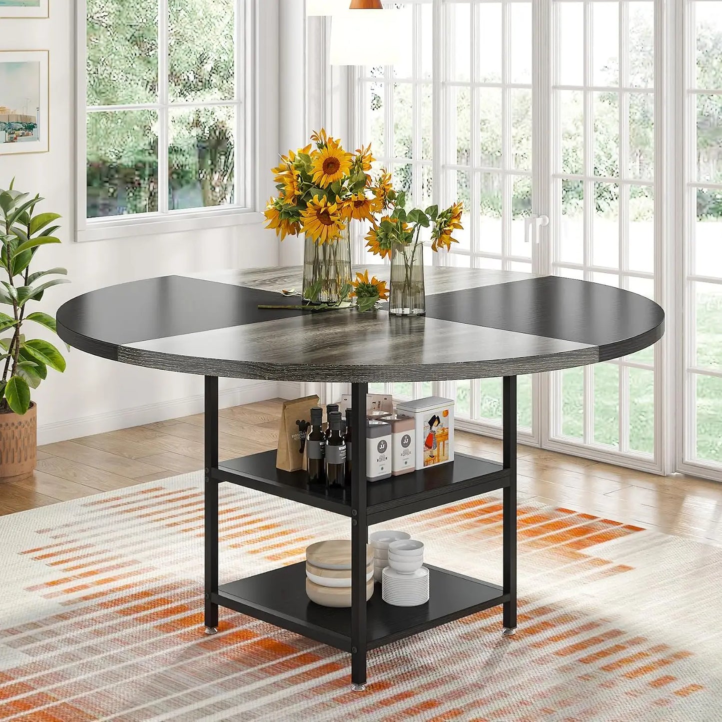Wood Kitchen Table Large Dinner Table with Storage Shelf Metal Legs for Home Dining Room