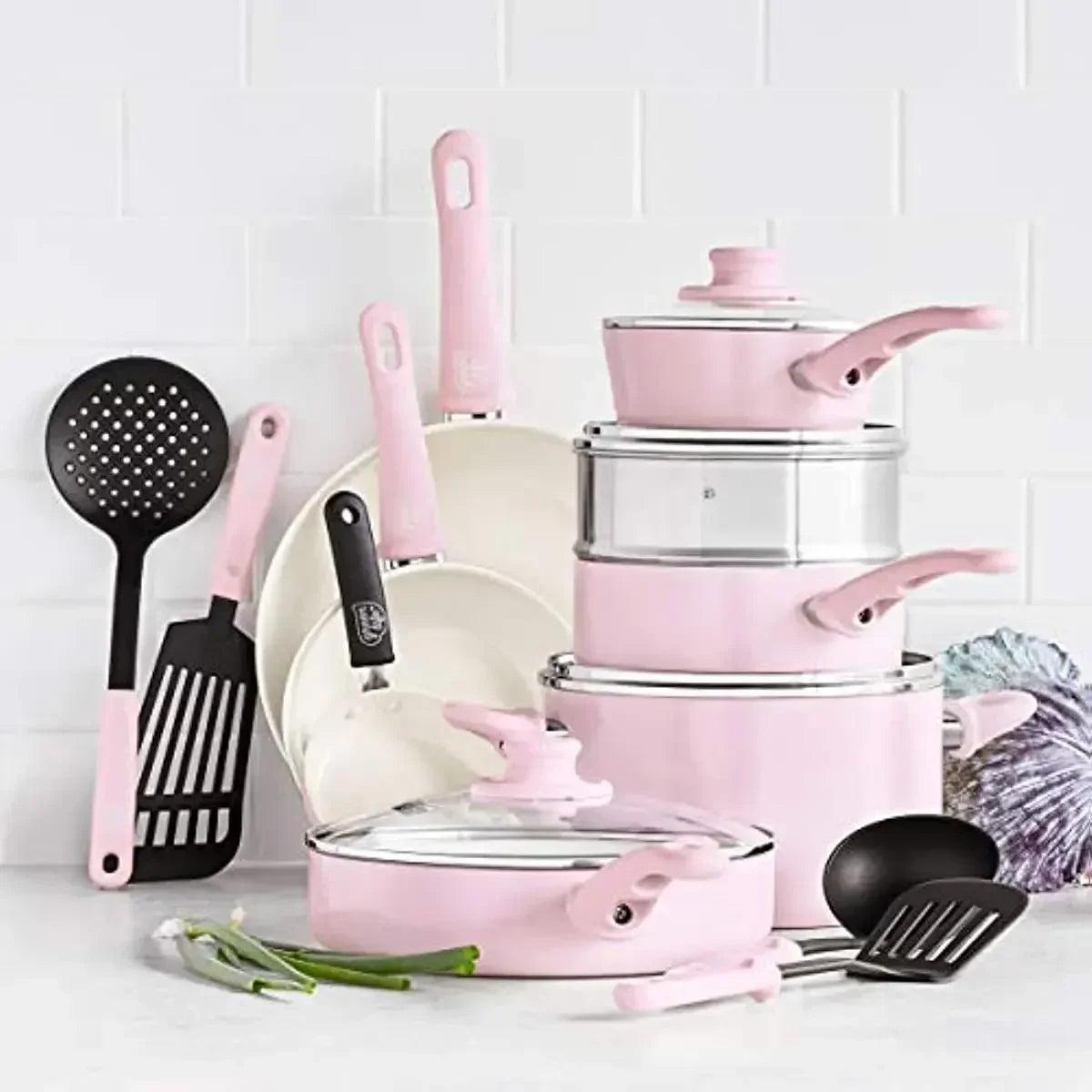 Soft Grip Healthy Ceramic Nonstick, 16 Piece Cookware Pots and Pans Set,
