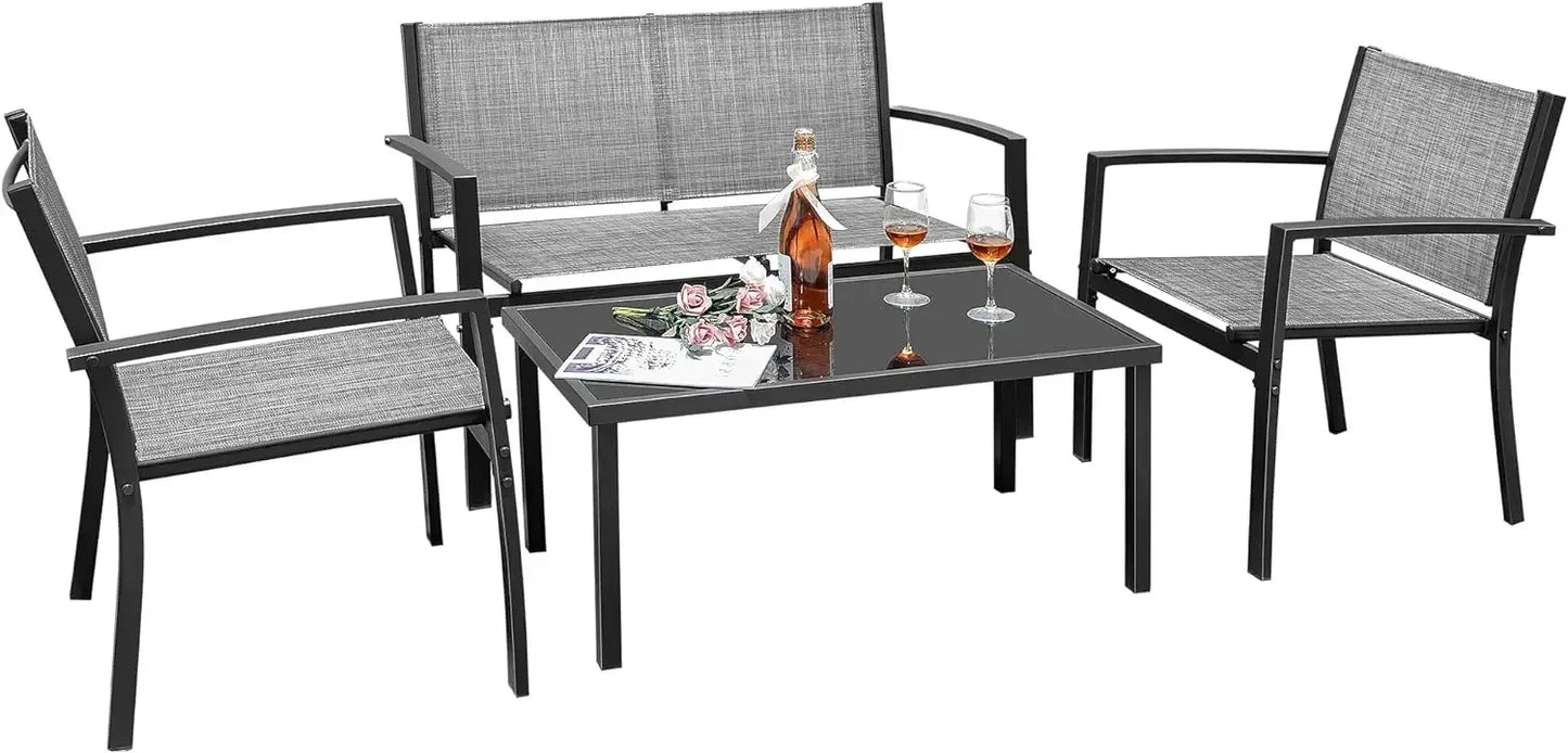 4 Pieces Outdoor Patio Furniture Modern Conversation Black Bistro Set with Loveseat Tea Table for Home, Lawn and Balcony