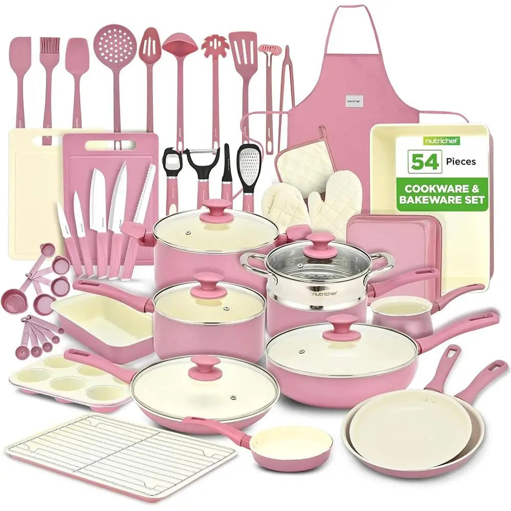 Complete Kitchen Cookware Set Non Stick Ceramic Pots Pans Utensils Bakeware Knife Cutting Boards All Cooktops