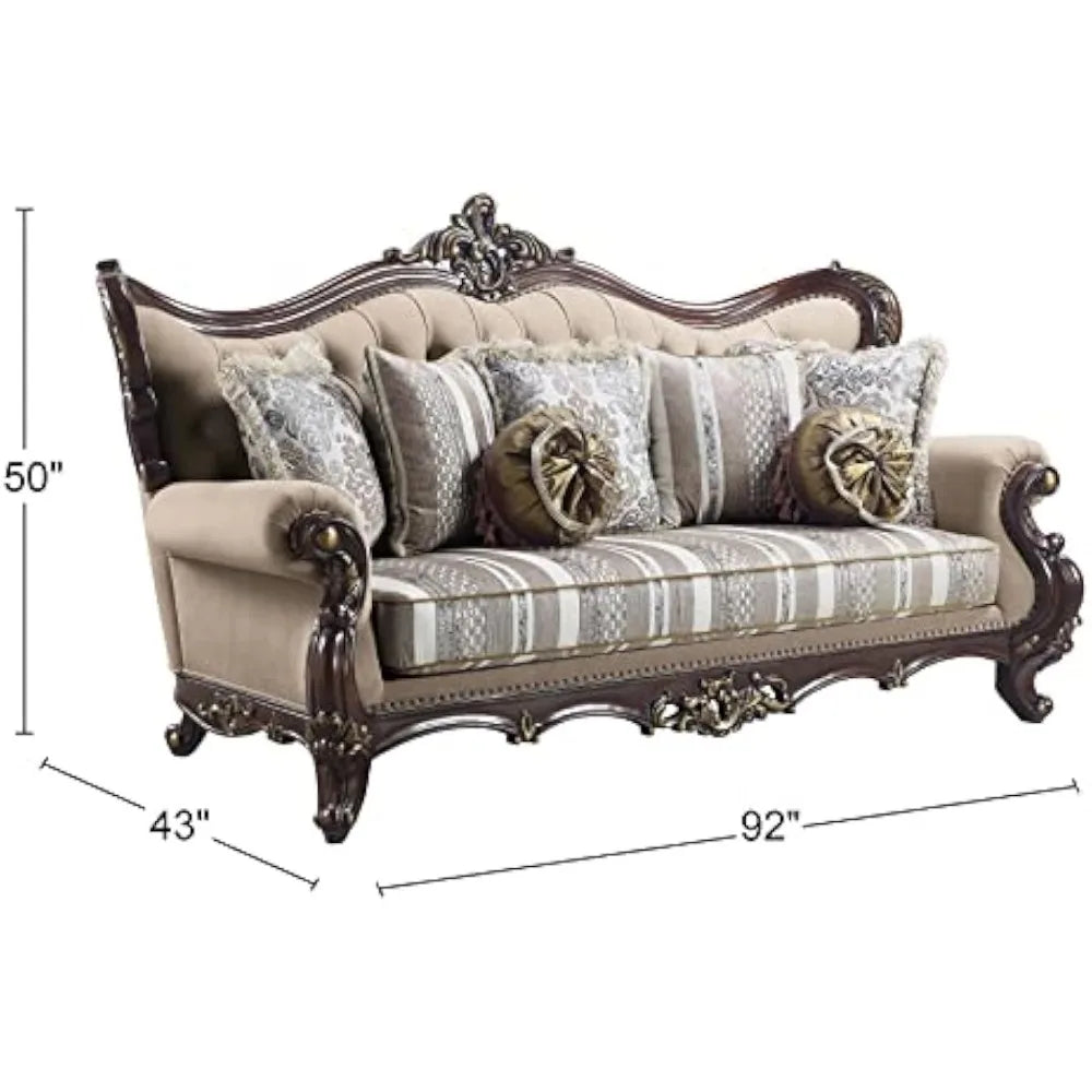 Upholstered Sofa ,Sofa With 7 Pillows In Light Brown Fabric And Cherry