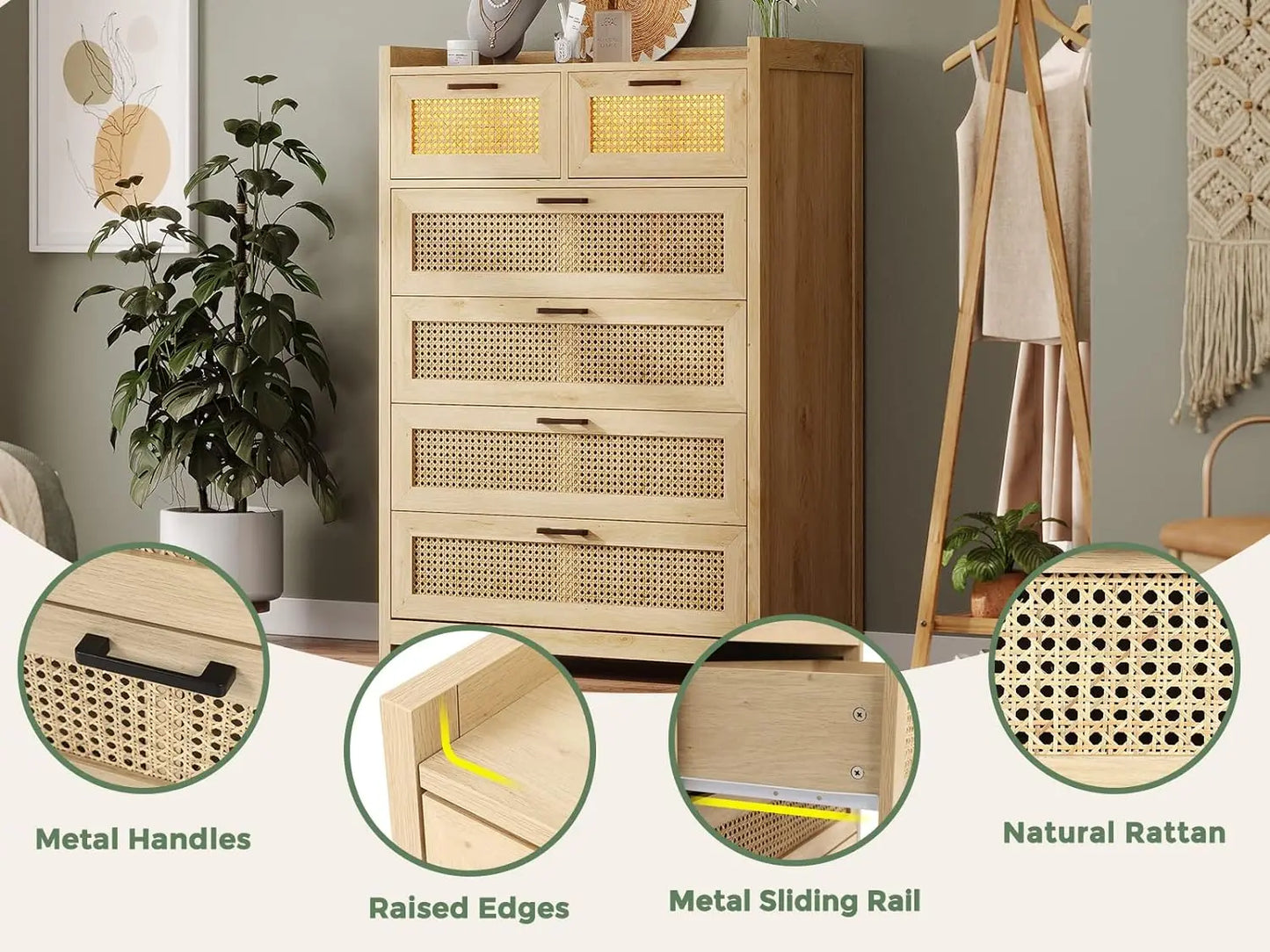 Bedroom, Rattan Wood Dressers with Led Light, Tall Dressers & Chests of Drawers, for Bedroom, Entryway