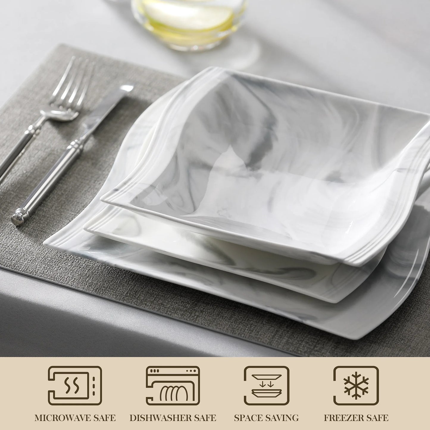 MALACASA FLORA 30/60PCS Marble Porcelain Dinnerware Set