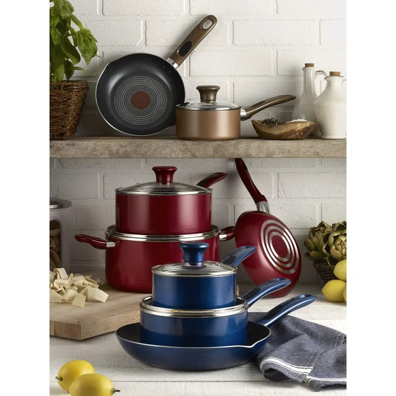 T-fal Excite ProGlide Nonstick Thermo-Spot Heat Indicator Dishwasher Oven Safe Cookware Set, 14-Piece, Blue
