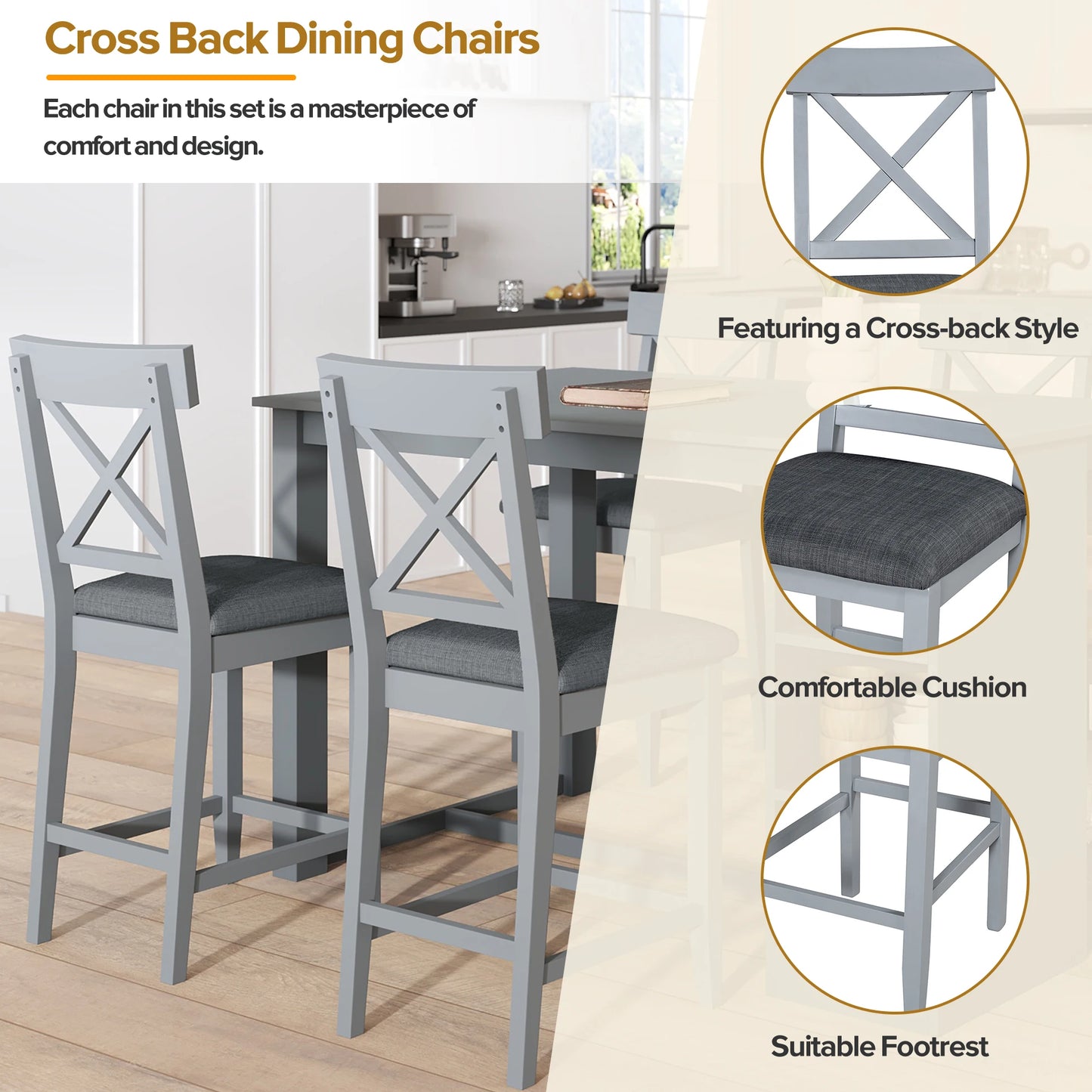 Wood Farmhouse Counter Height Dining Table Set with 3-Tier Storage Shelves,