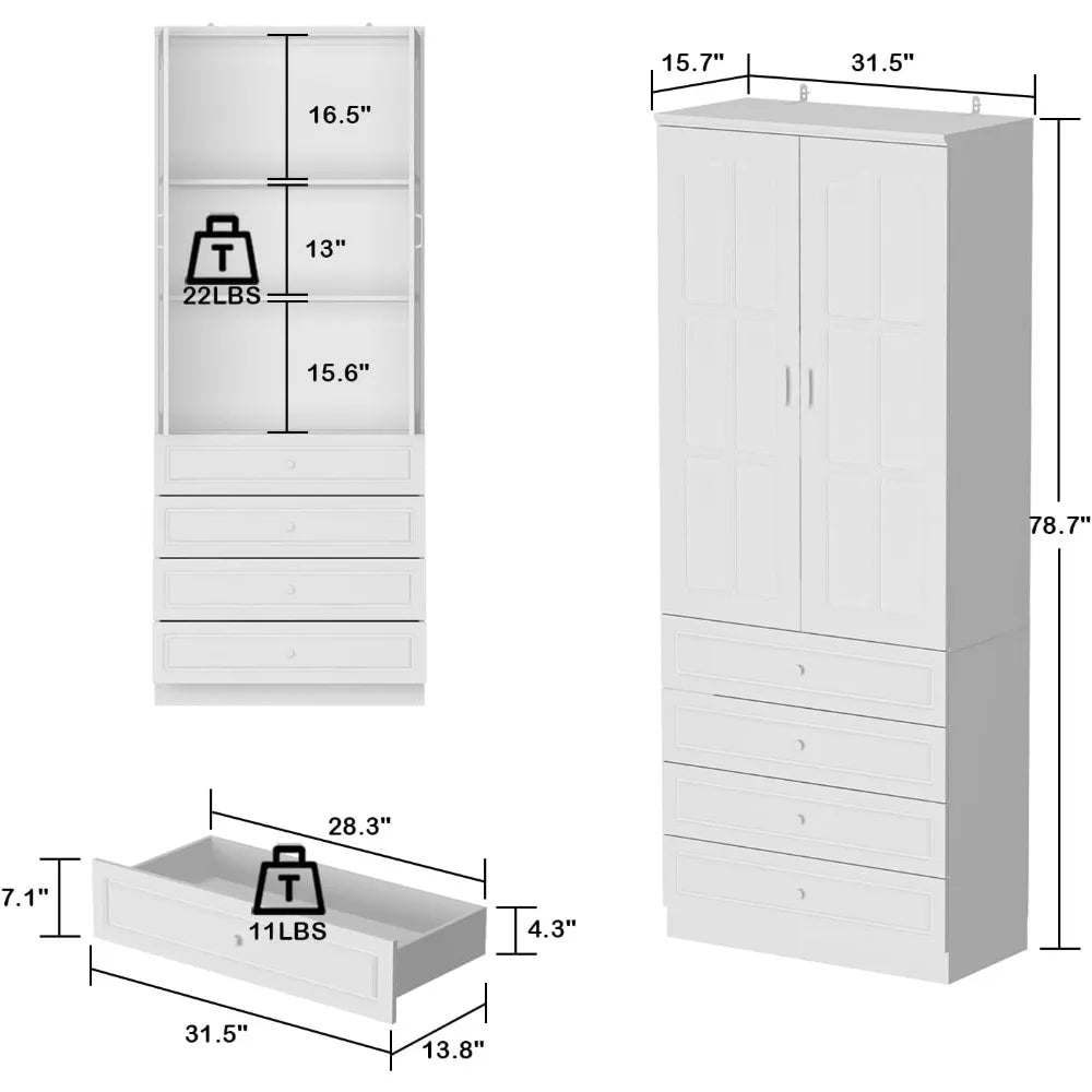 Tall Bookcase Bookshelf with 3-Tier Shelves & 2 Carved Glass Doors, Wooden Display Storage Cabinet with 4 Drawers for Home