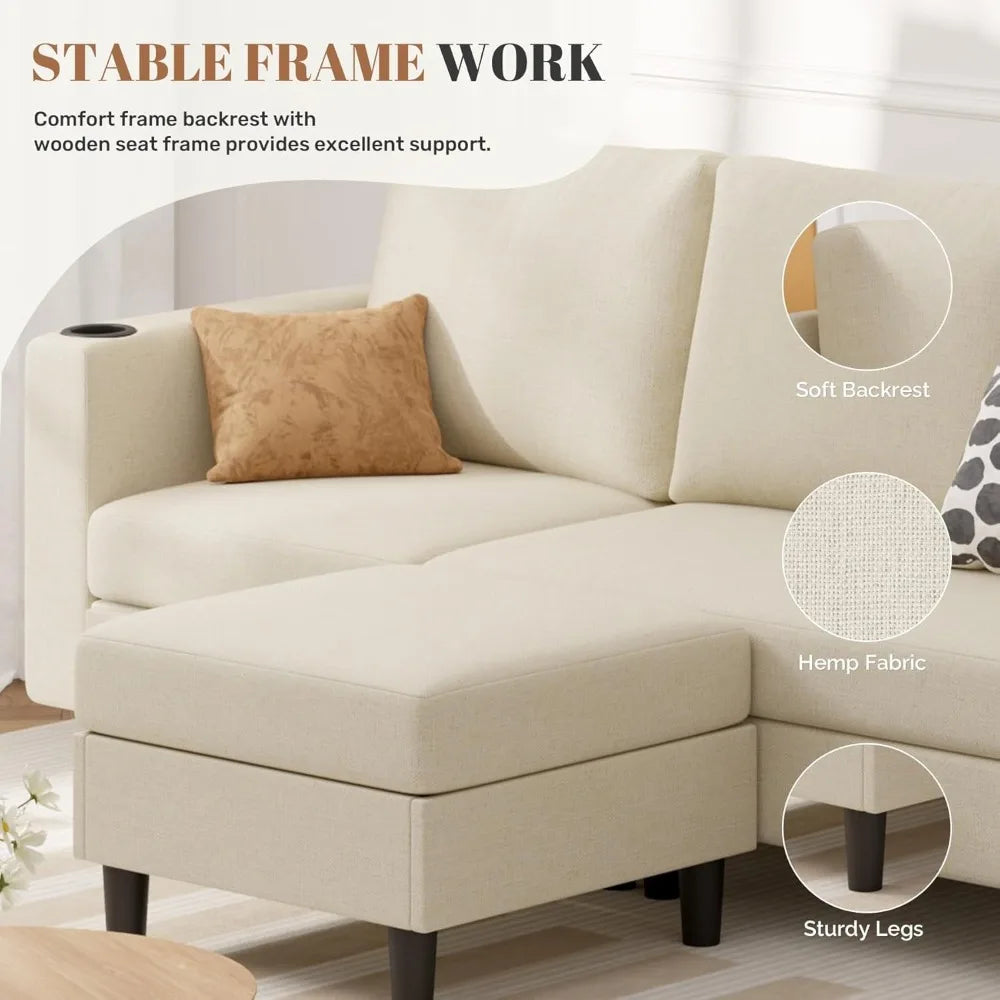 ' L Shaped 3-seat Sofa for Living Room, Apartment, Lounge, Bedroom-Washable Covers Con