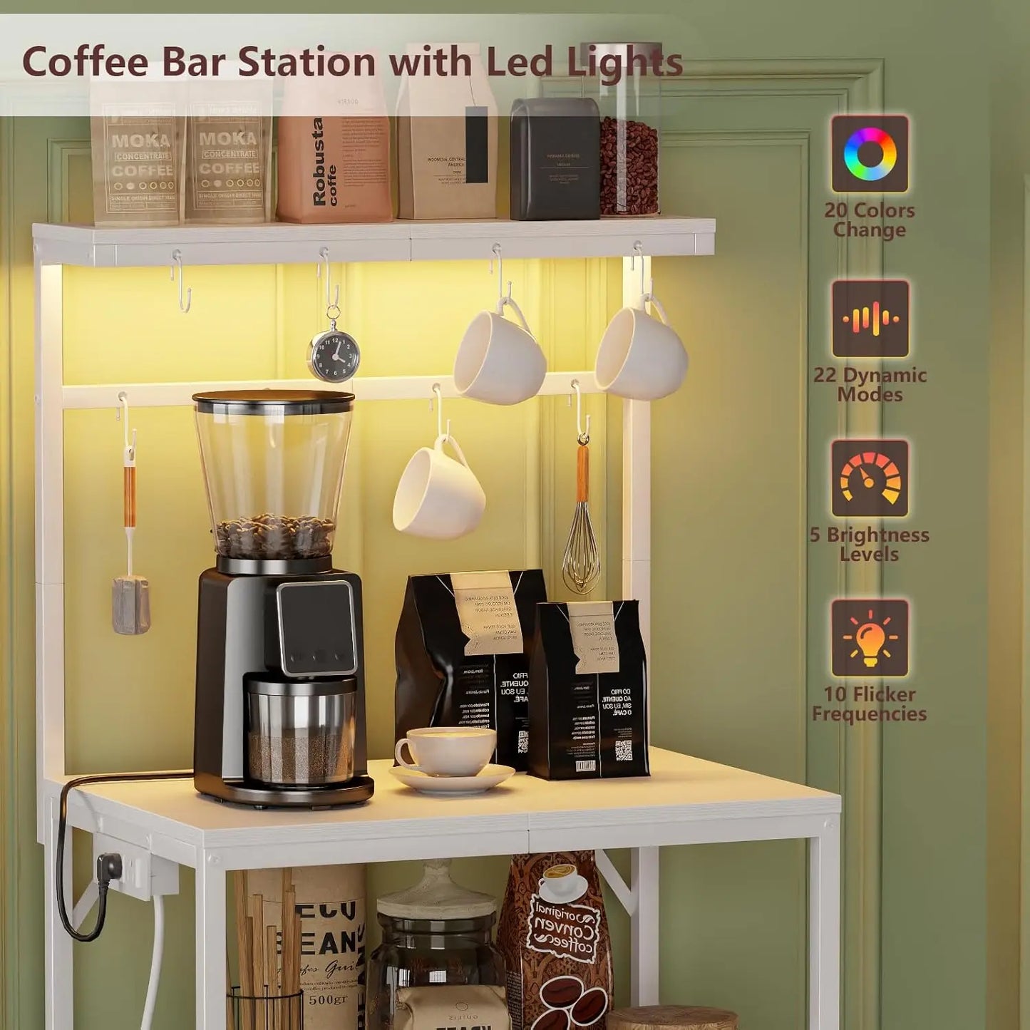 Kitchen Bakers Rack with Power Outlet & LED Lights 4 Tiers Microwave Stand with 8 Hooks Coffee Station