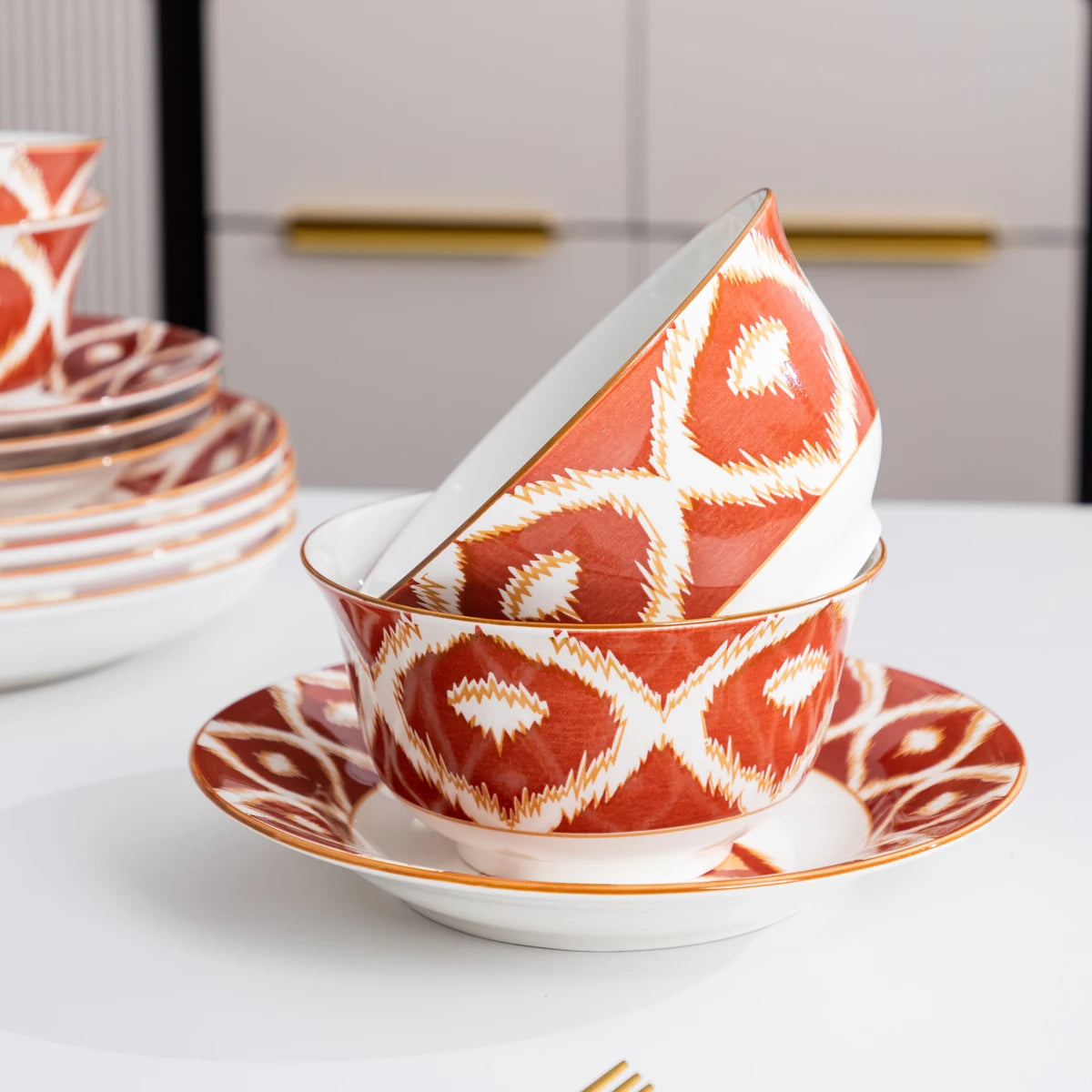 12 Pieces Porcelain Dinnerware Set Full Set Red Flame Pattern Ceramics Tableware with Bowl & Soup