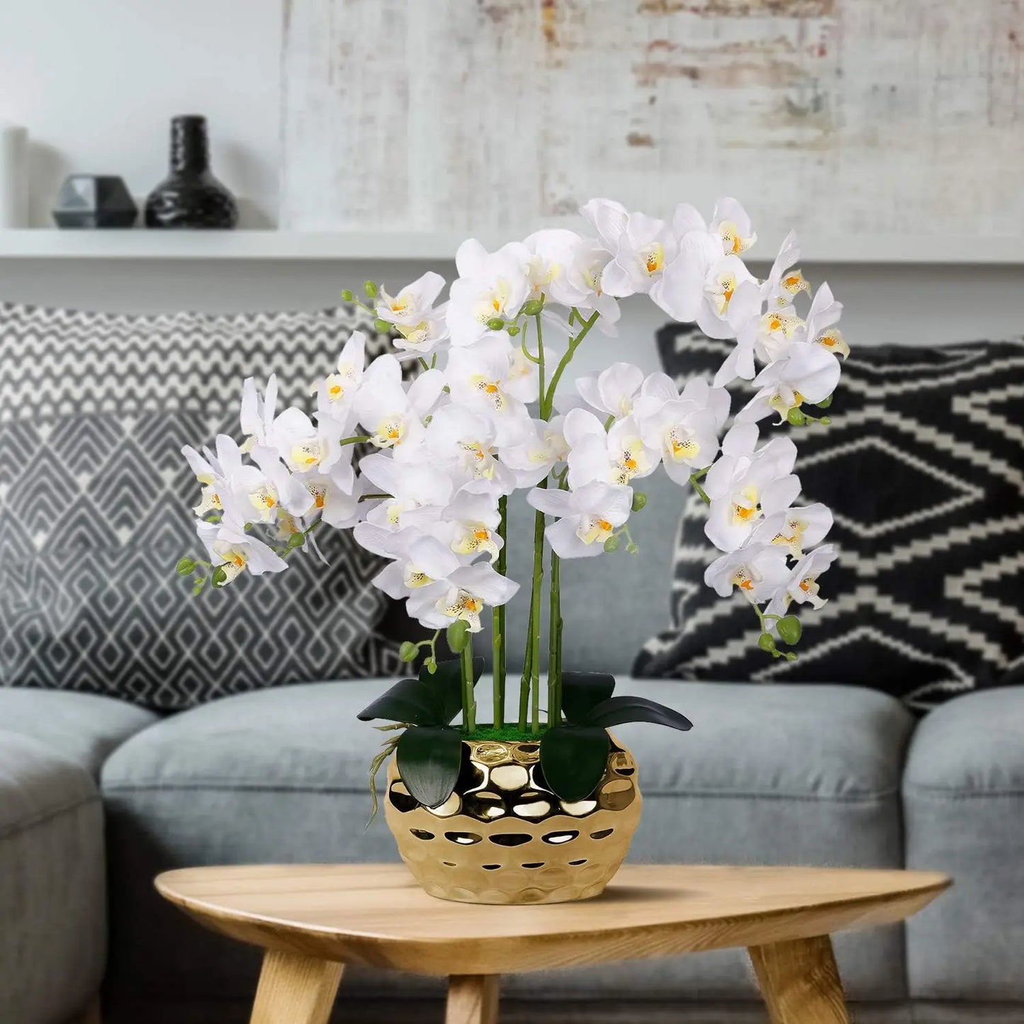 Artificial Orchid in Gold Vase White Silk Faux Orchid Plant in Gold Pot Fake Flower Arrangement Flowers forDecoration Home Decor