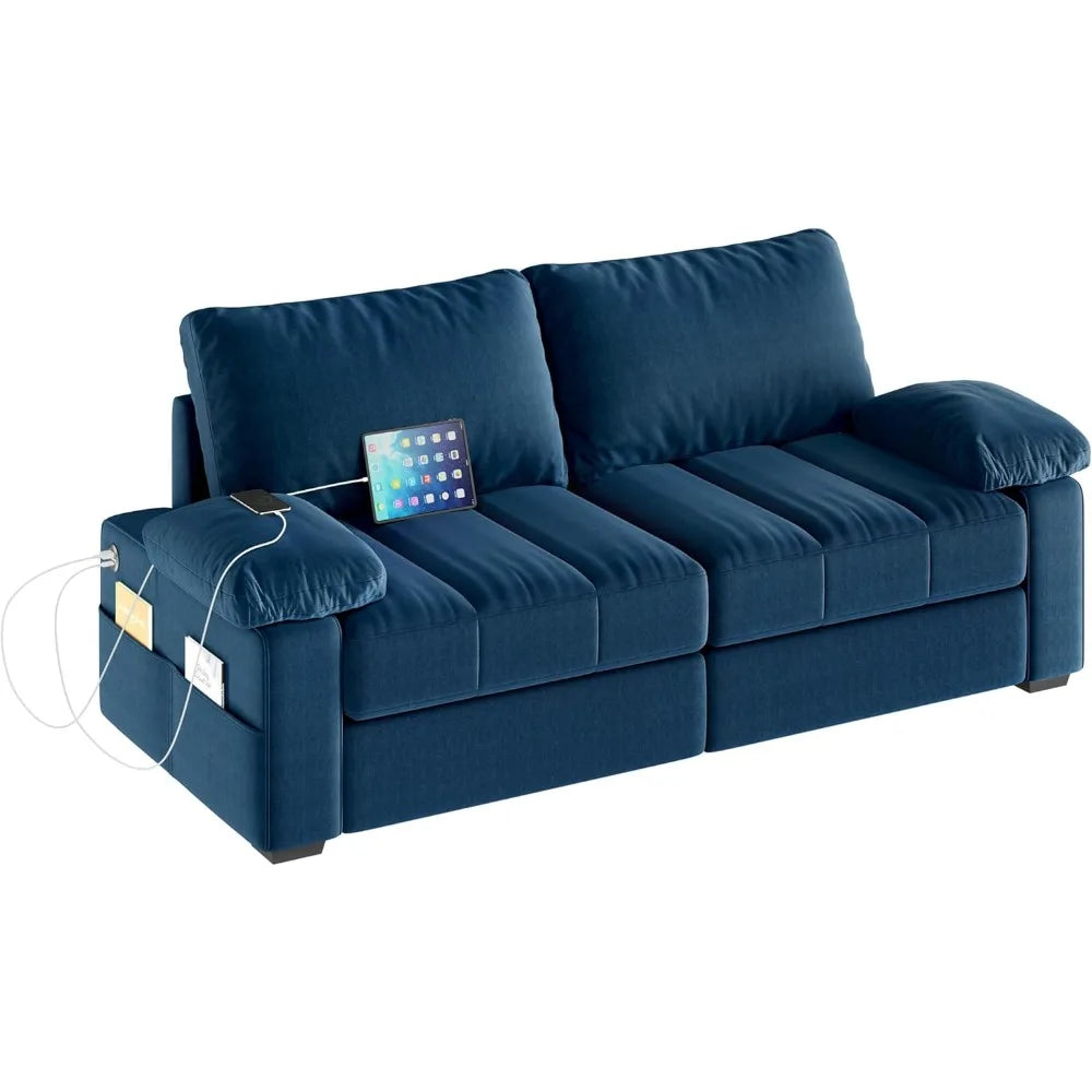 Velvet Living Room Sofa, Modern Recliner Couch with Pocket Coils Storage Pockets