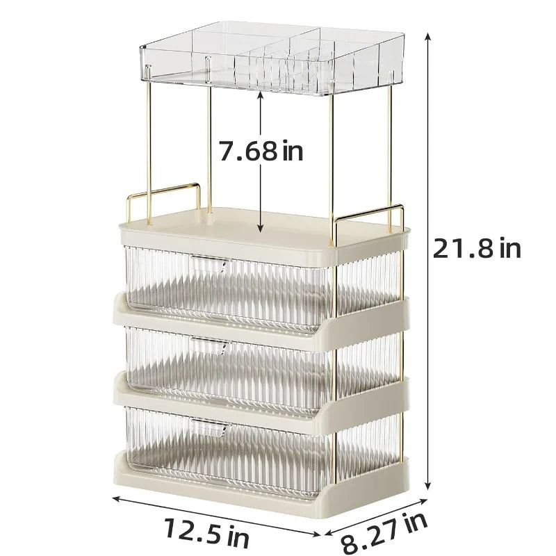 Makeup Organizer with 3 Drawers and Removable of Top Lipstick Holders, Bathroom Organizer