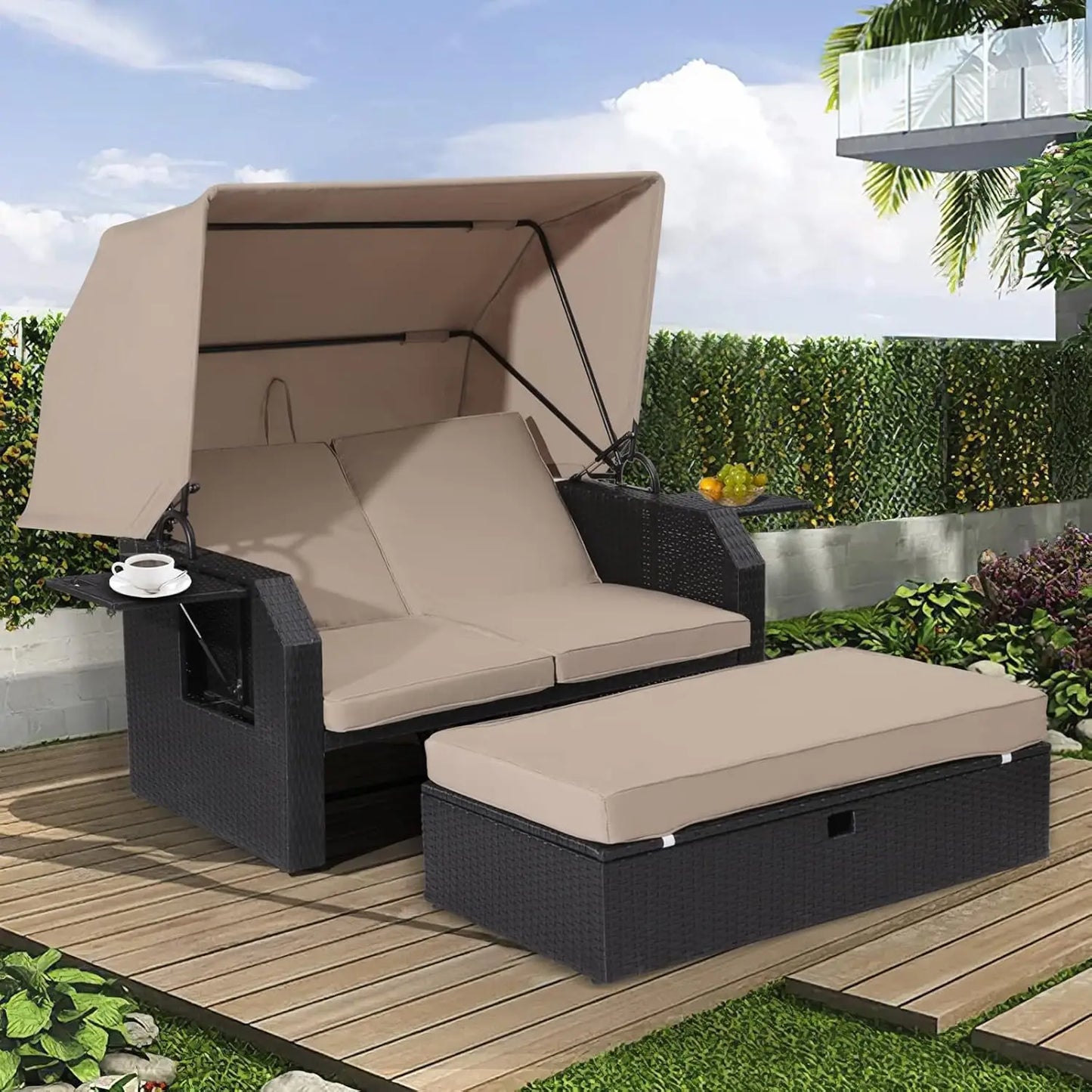 Lvuyoyo Patio Wicker Furniture Set - Outdoor Rattan Sofa Set With Retractable Canopy, Side Table,