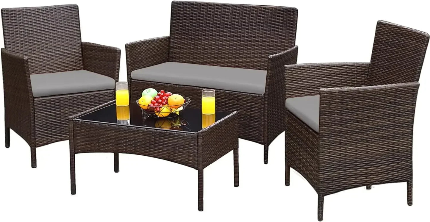 Outdoor Sofa Set of 4 with Soft Cushion and Glass Table, Patio Furniture