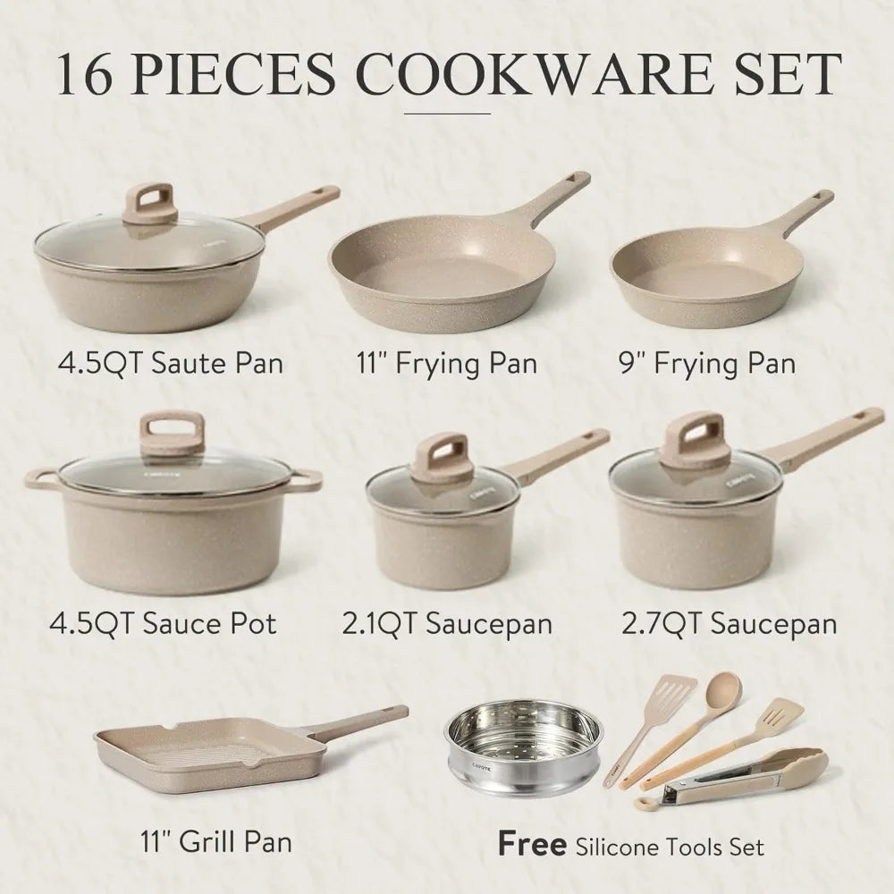 Pots and Pans Set Non Stick, 16Pcs Kitchen Cookware Set,