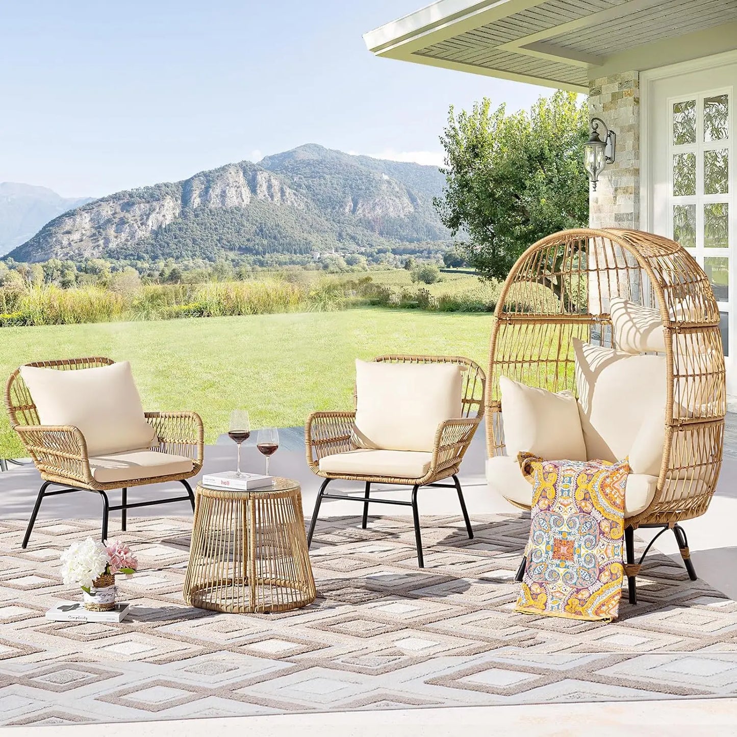 Furniture Outdoor Bistro Chair Set with Large Egg Chair and Round Tempered Glass Table, Great