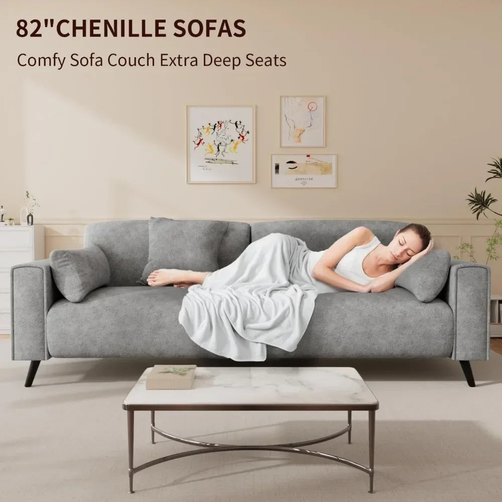 Sofa Couch for Living Room, Modern Comfy Sofa with Extra Depth Seat and 2 Throw Pillow