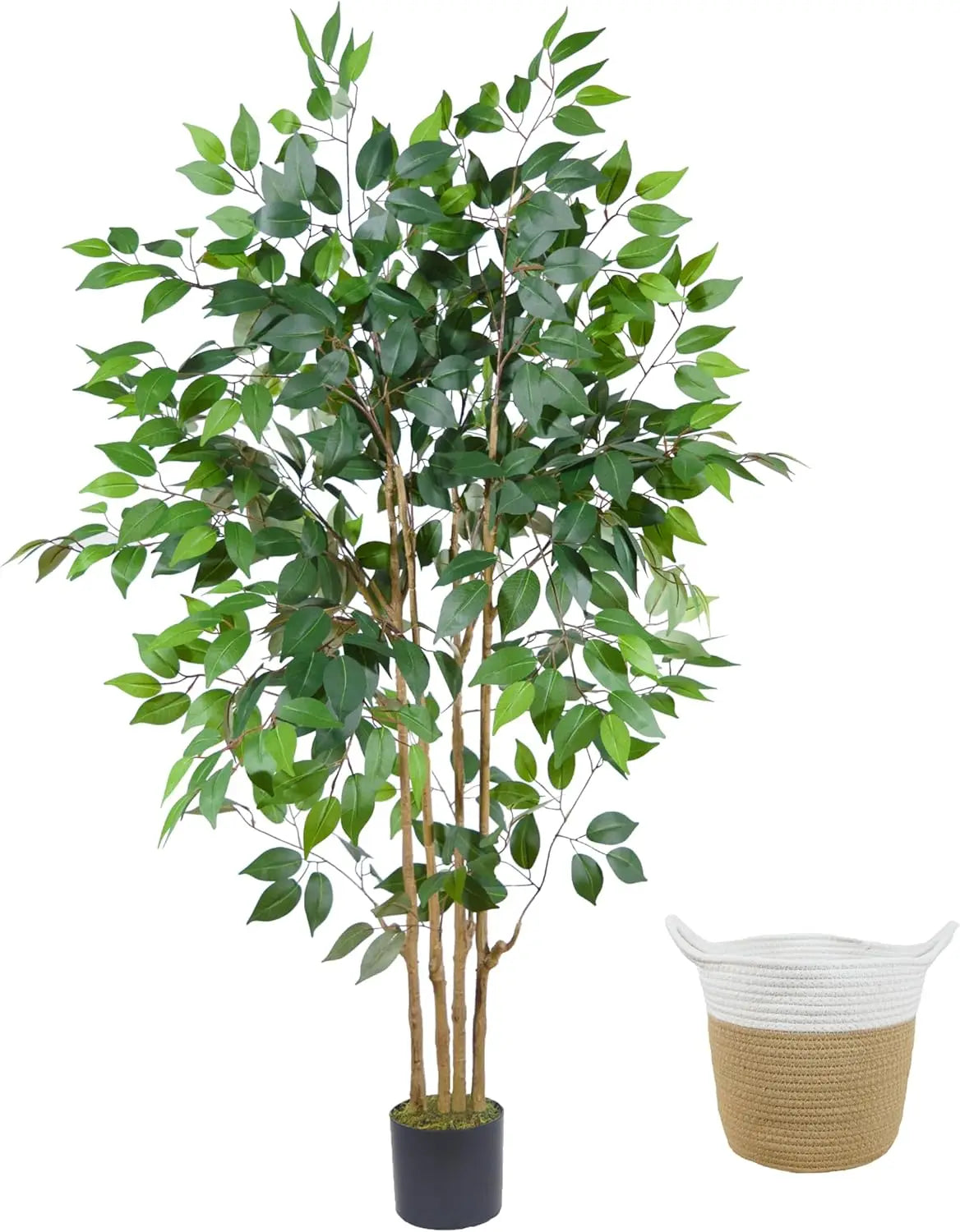 Artificial Ficus Tree, 6ft Tall Silk Fake Ficus Leaves Plant with Basket, Indoor Outdoor