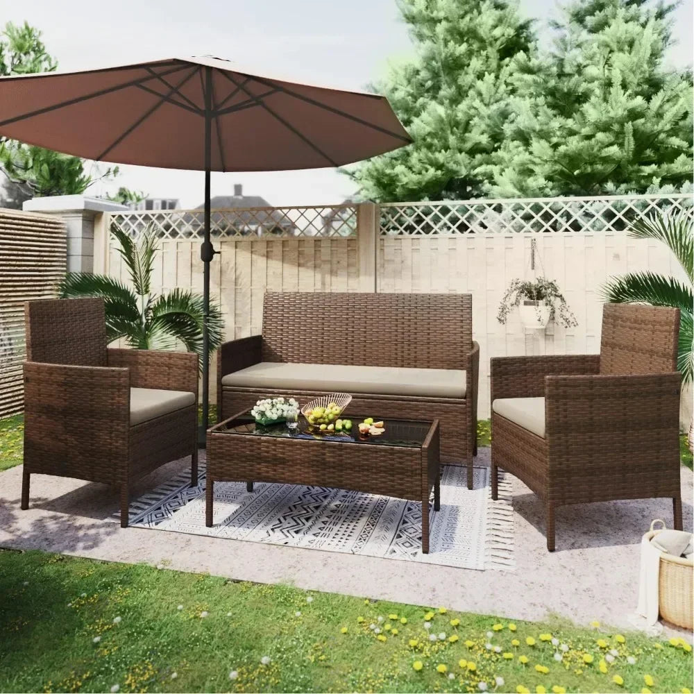 Outdoor Sofa Set of 4 with Soft Cushion and Glass Table, Patio Furniture