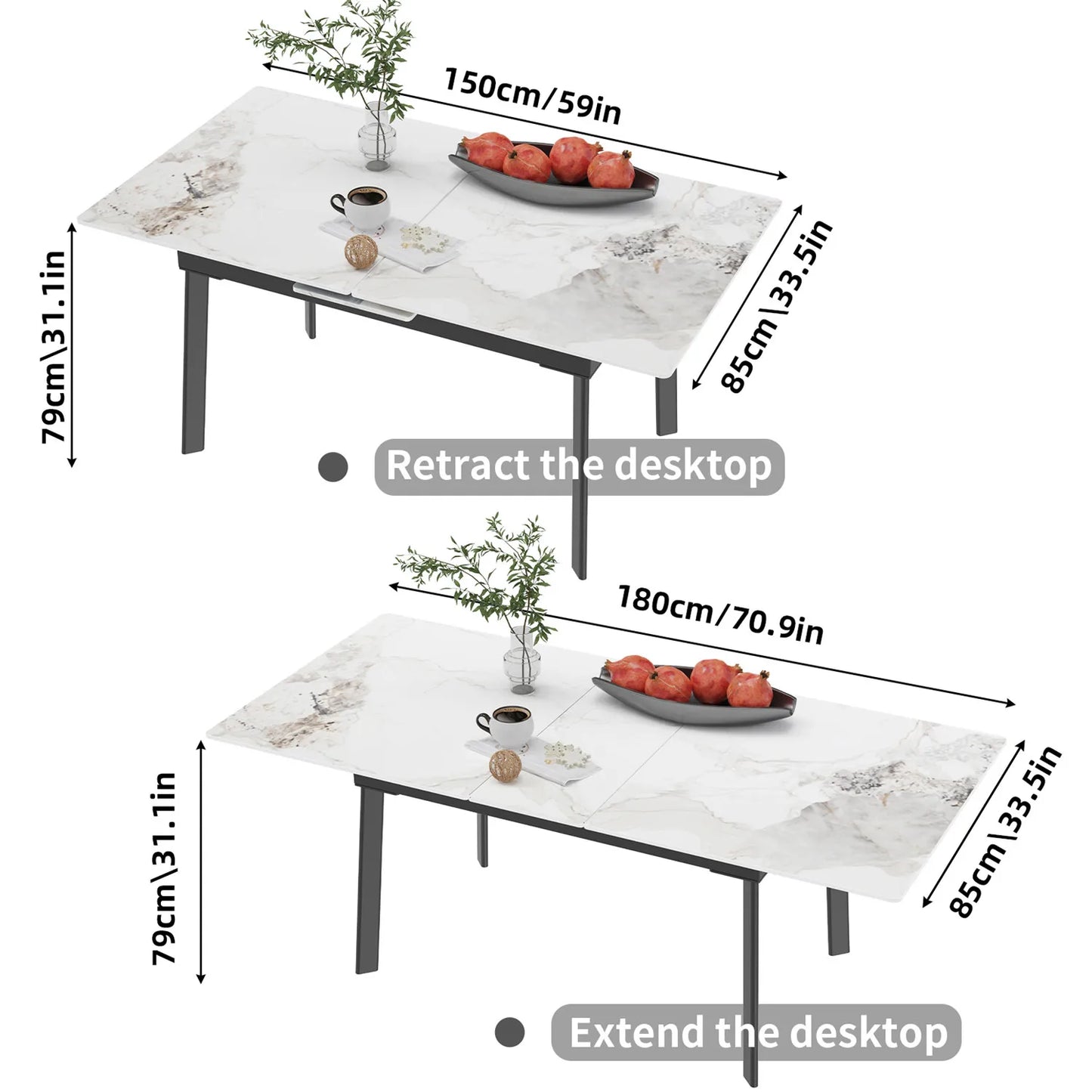 Extendable Kitchen Dining Table: Sintered Stone Retractable Table for 6-8 Person -